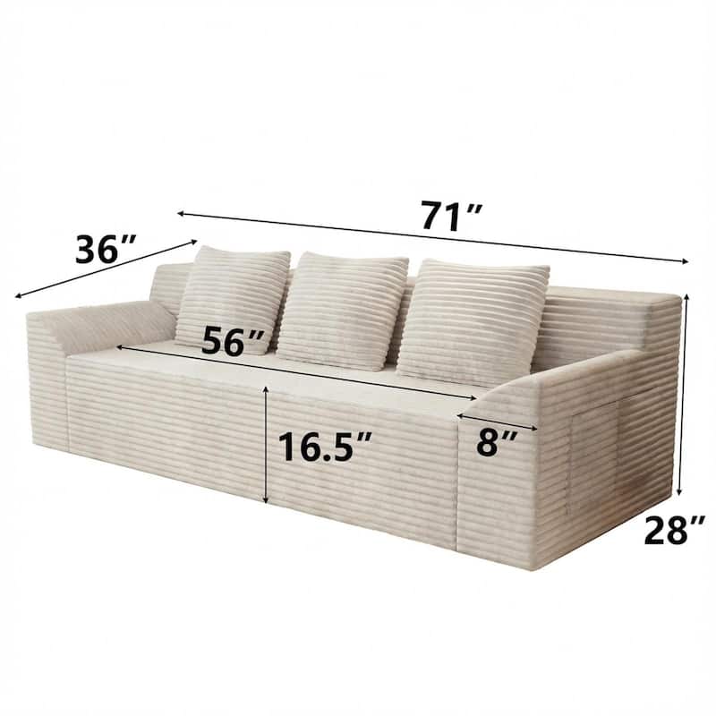 71" 3-Seater Corduroy Sofa with Deep Seat Design, Ready-to-Use for Living Room, Bedroom & Office