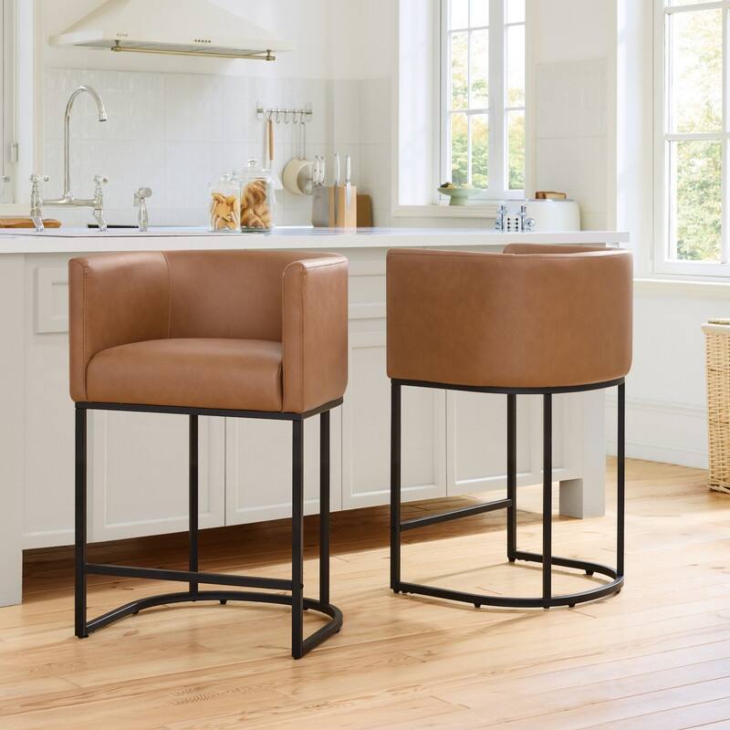 Spruce & Spring Modern Upholstered Barrel Counter Bar Stool with Arm - Set of 2 - Brown