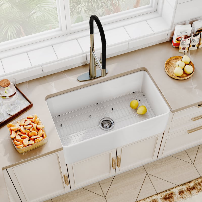 All-in-one Farmhouse/Apron-Front Single Bowl Fireclay Kitchen Sink in Glossy White with Kitchen Faucet, Grid, and Strainer - 30 x 18