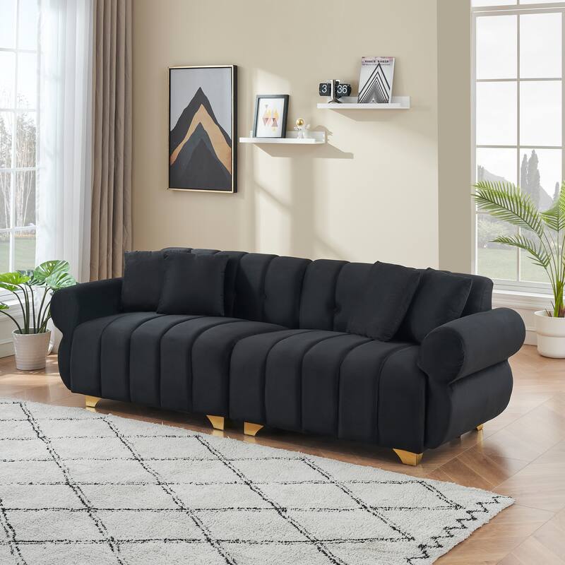 89-inch Black Velvet Sofa with Spring-wrapped Cushions and 4 Throw Pillows