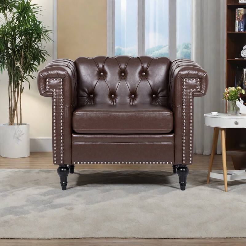 PU Leather Accent Chair with Solid Wood Frame, Pocket Spring Cushion, and 220lb Capacity