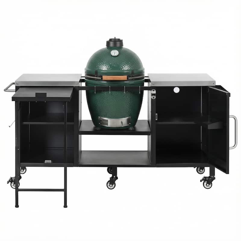 72.4" Large Grill Table Cart for Big Green Egg - Metal Outdoor Kitchen Island with Fold-out Prep Table & Adjustable Shelves