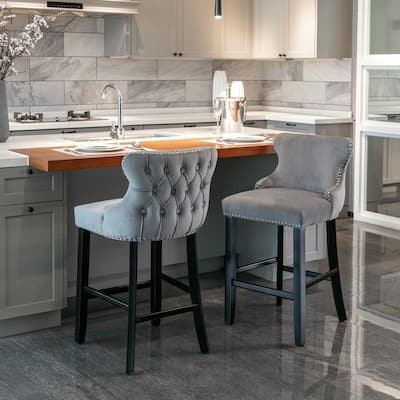 Contemporary Velvet Upholstered Bar Stools/Set of 2/Button Tufted,Grey - Set of 2