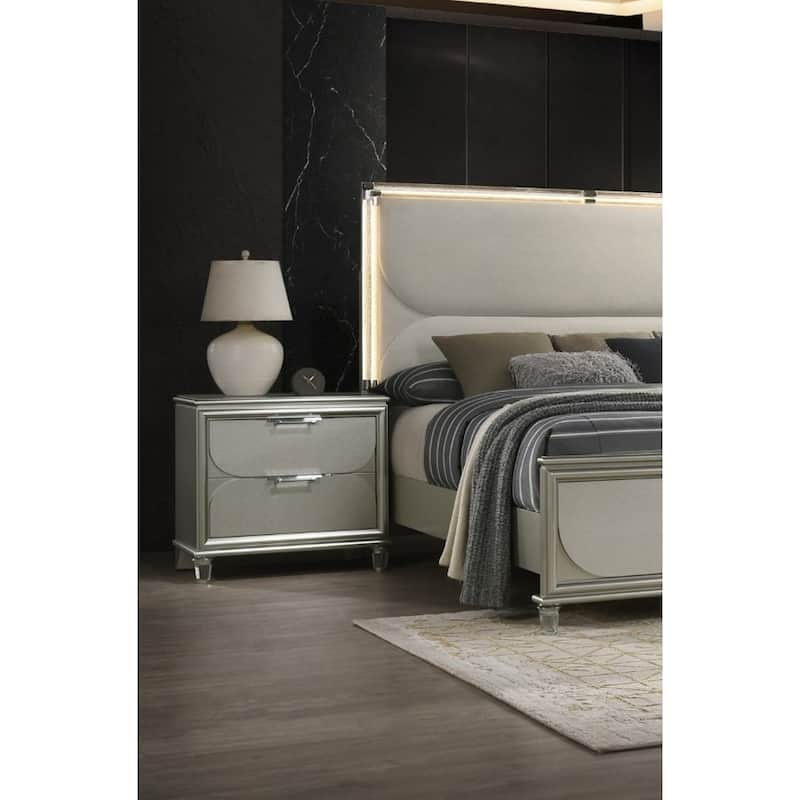 Contemporary Silver 1pc Nightstand Acrylic Handles Embossed Panels English Dovetails 2-Drawers Bedside Table