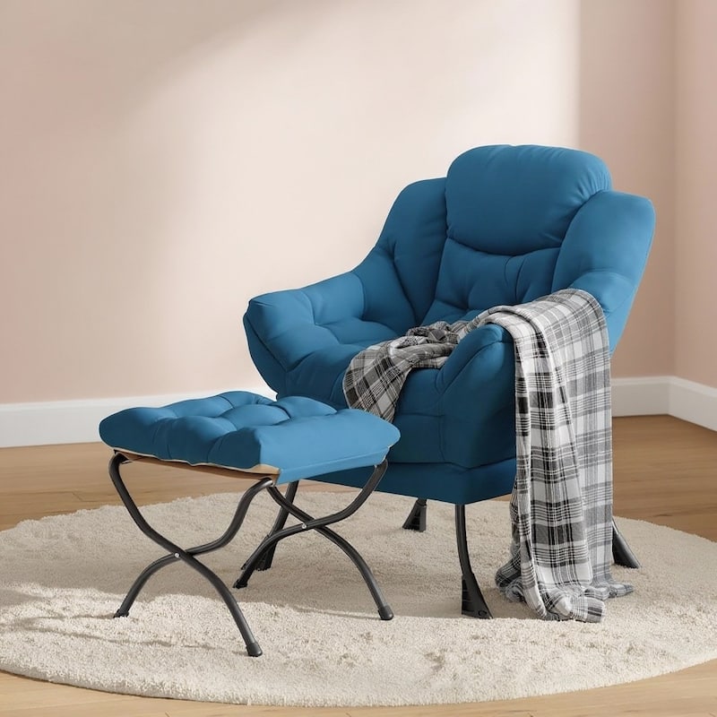 Lazy Chair and Ottoman, with Side Pocket and Arm - Navy Blue