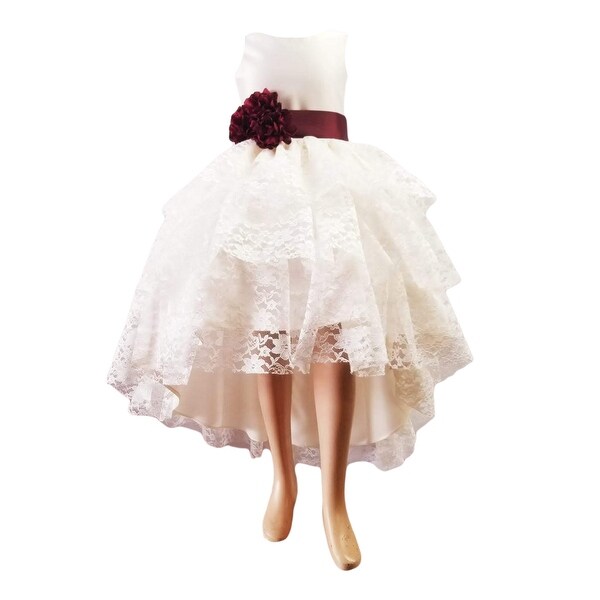 Little Girl Ivory High Low Lace Burgundy Flower Special Occasion Dress ...