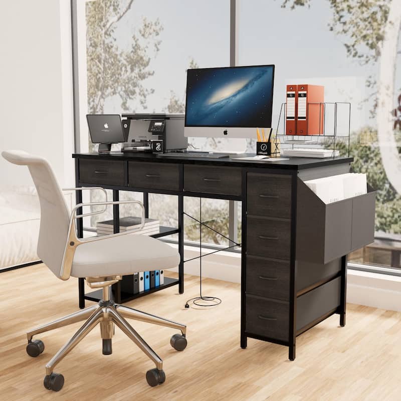 Computer Desk with 7 Drawers & Side Pocket, Home Office Desk with Power Outlets & USB Ports, Small Writing Study Table - Black