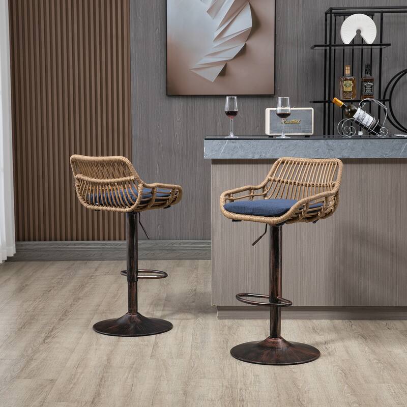 360° Swivel Bar Stools Set of 2, Adjustable Counter Height Chairs with Footrest, Rattan Bar Chairs with Cushions