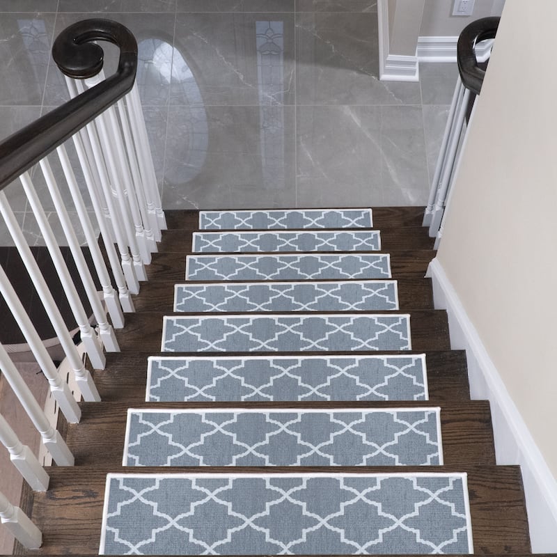 SussexHome Lattice Design 9" X 28" Stair Treads - 70 % Cotton Carpet for Indoor Stairs-Easy to Install with Double Adhesive Tape - Pack of 7 - Gray