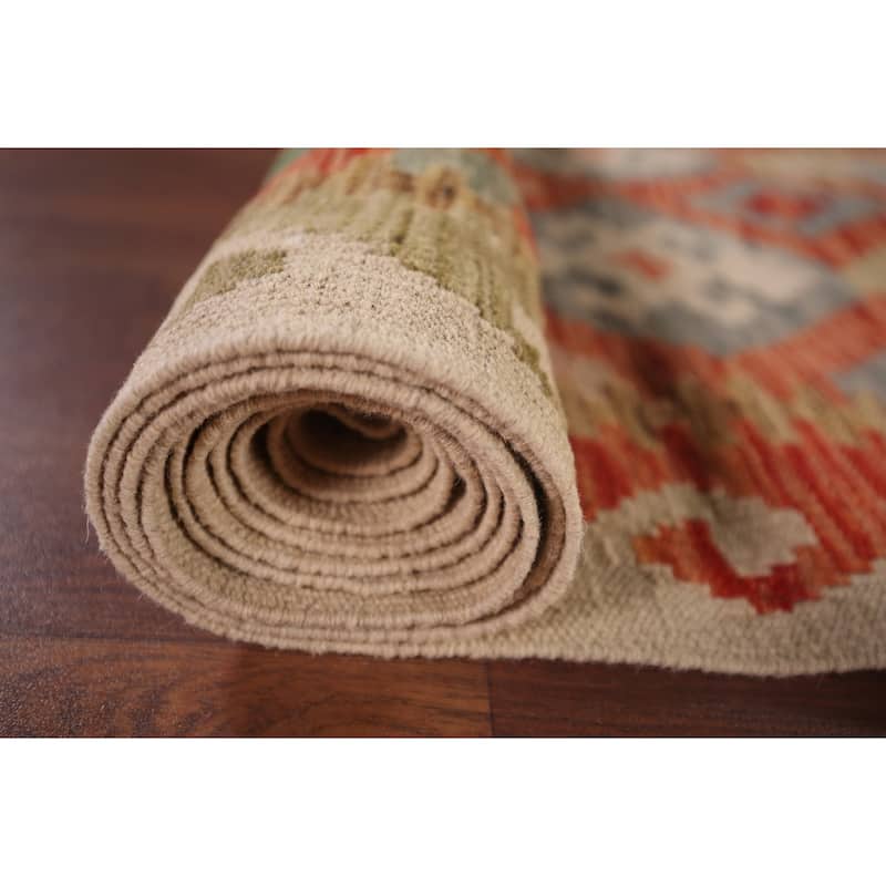 Geometric Kilim Oriental Runner Rug Hand-Woven Wool Carpet - 2'9"x 16'4"