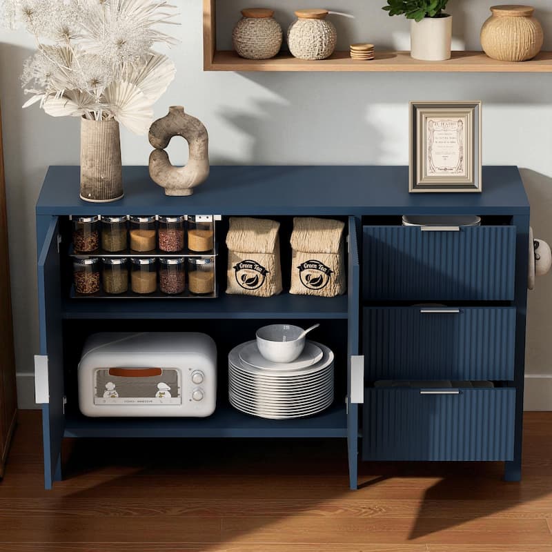 Modern Wave-Pattern Sideboard with 3 Drawers, Buffet Cabinet with Hooks & Center Leg for Living Room or Entryway