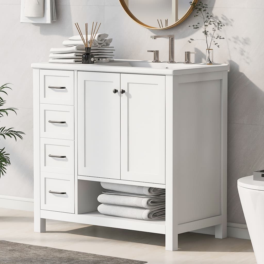 Merax Solid Wood Bathroom Vanity with Ceramic Sink Top & Open Shelf Storage