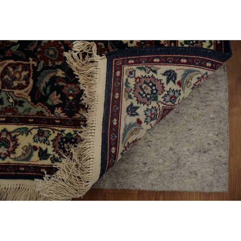 Hand Knotted Oriental 100% Wool Carpet Traditional Floral Navy Blue & Blues Kashan Runner Rug - 13' 10'' X 2' 7''