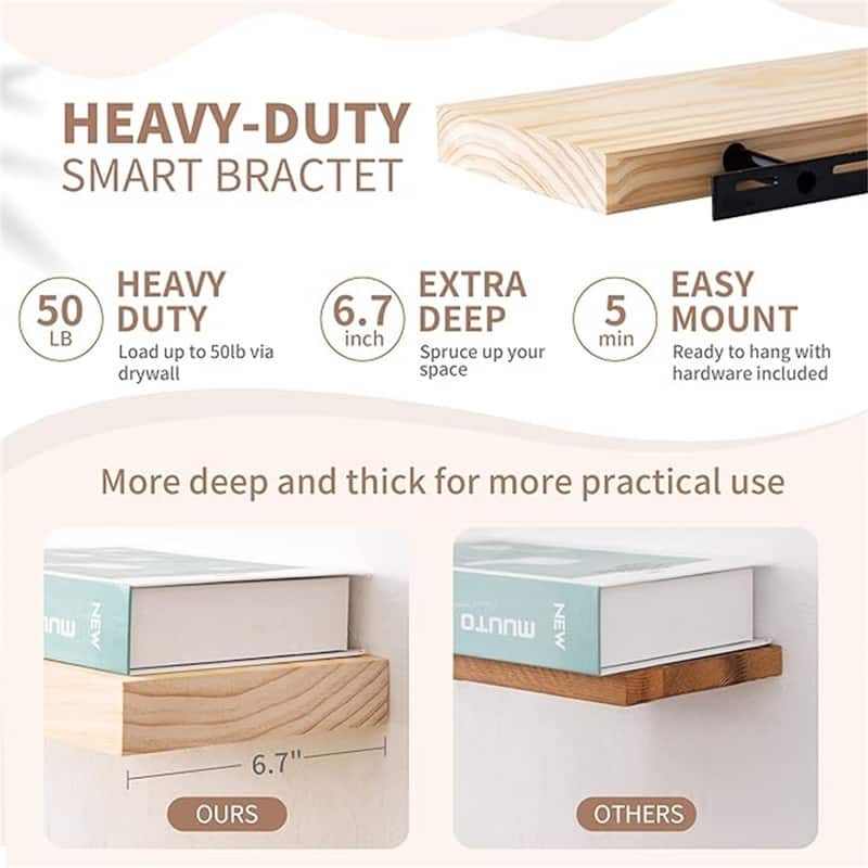Farmhouse Floating Shelves Thick Industrial Kitchen Wood Shelf - 24 x 6.7 x 1.4 inch - Set of 2 - 6.7"D x 24"W x 1.4"H