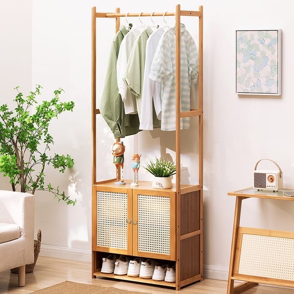 slide 2 of 14, Bamboo Garment Rack with Clothes Rail Storage Organiser Freestanding - 21" x 13" x 66" Natural Wood