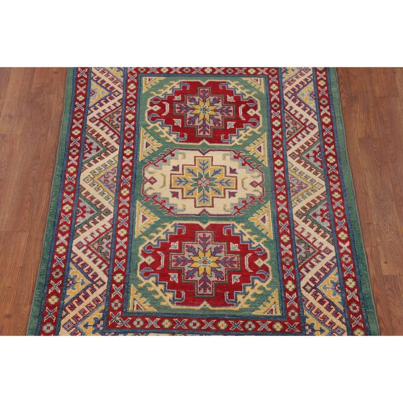 Green Kazak Accent Rug Handmade Wool Carpet - 3'3" x 4'11"
