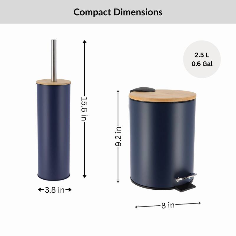 Bathroom Set with Bamboo Lid - Matte Metal Trash Can and Toilet Brush - 15.6" H x 11" L x 11" W
