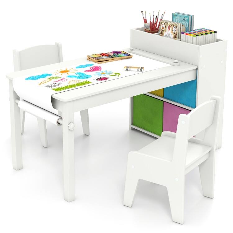 Kids Art Table and 2 Chairs Set with 4 Fabric Storage Bins and 4 Compartments - 39.5" x 20" x 23" (L x W x H) - White