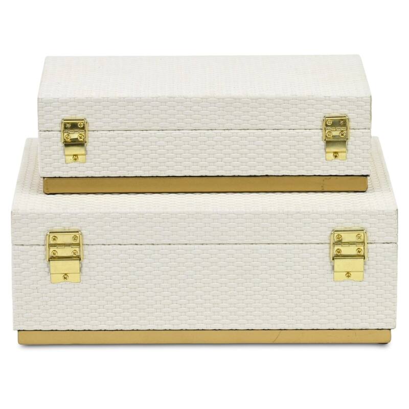 Tamsin Set of 2 Rectangular Decorative Storage Boxes - Wicker Weave Pattern with Gold Hardware