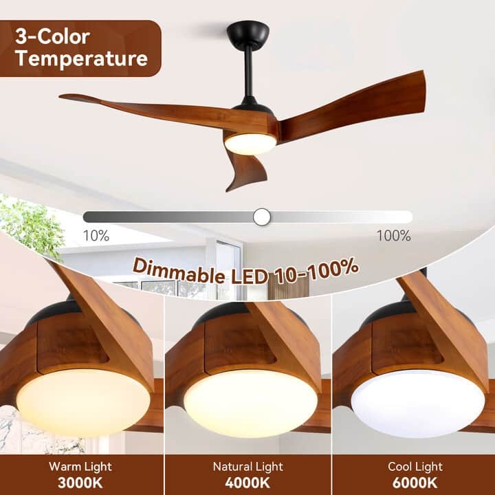 52" Solid Wood Noiseless 3-Blade Ceiling Fans with Dimmable LED Light Optional and Remote, 6-Speed Reversible DC Motor - Black with Brown Solid wood Blades/With lights