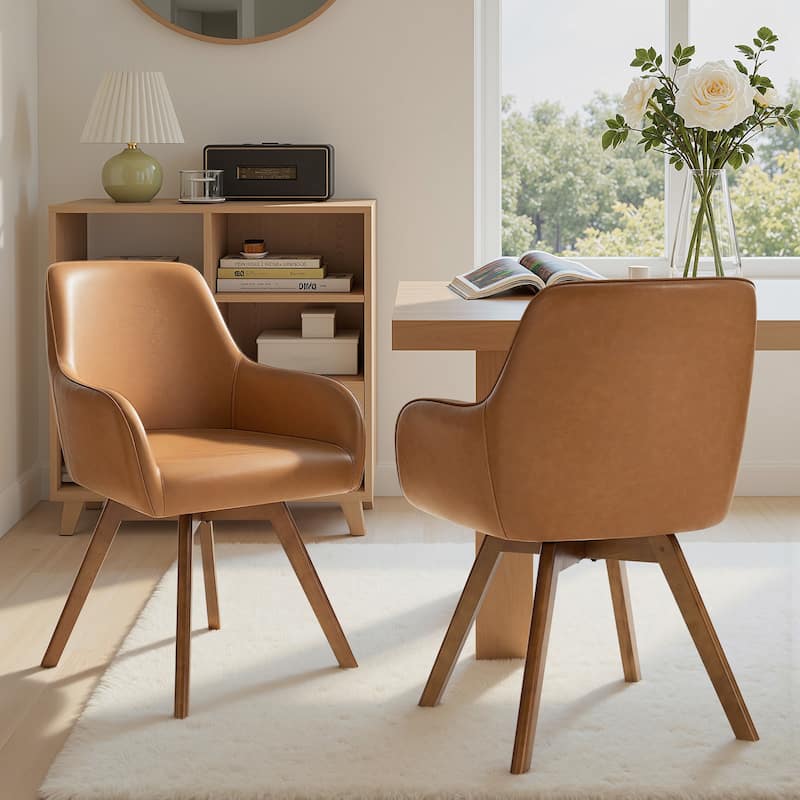 Swivel Upholstered Dining Chair Set of 2 Armchair with Beech Wood Legs - 33.3" H x 23.2" W x 22.4" D - Set of 2 - Brown-PU