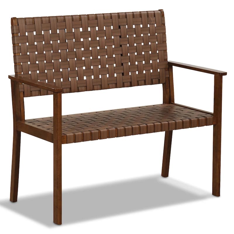 Outdoor All Weather Bench Patio Loveseat Bench w/Hand Woven PU Leather - Natural