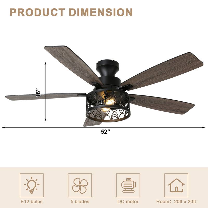 Bella Depot 52" Black Modern Flush Mount Ceiling Fan with Light and Remote