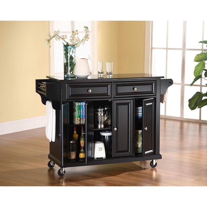 Full Size Kitchen Cart with Stainless Steel Top - Mobile Island with Tiered Shelf & Storage