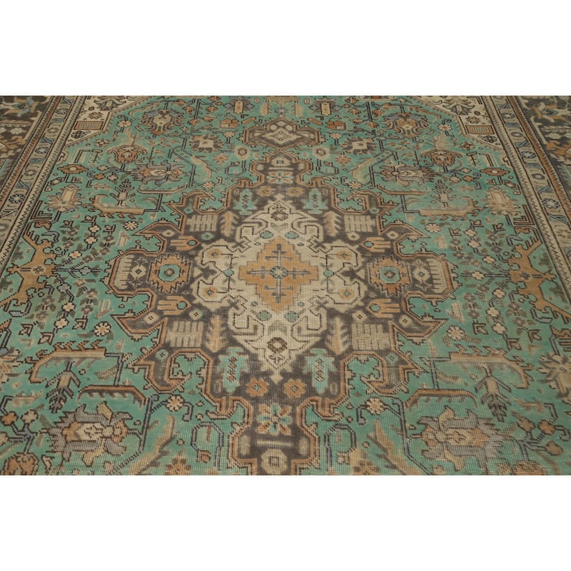 Hand Knotted Oriental 100% Wool Carpet Traditional Medallion Green Tabriz Area Rug - 11' 1'' X 7' 10''