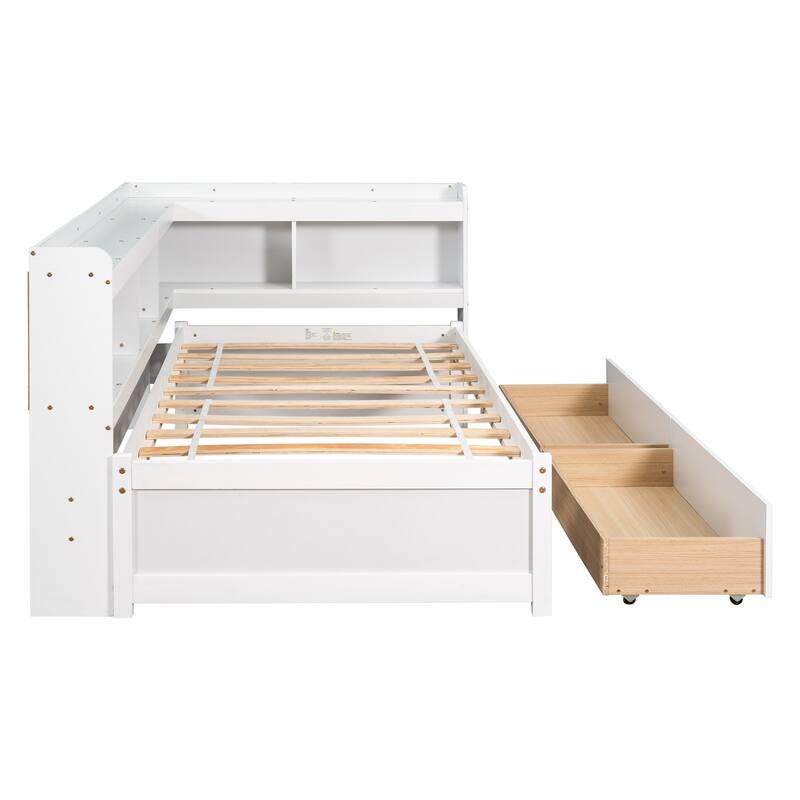 Full Bed with L-Shaped Bookcase and Storage Drawers, Space-Saving Design