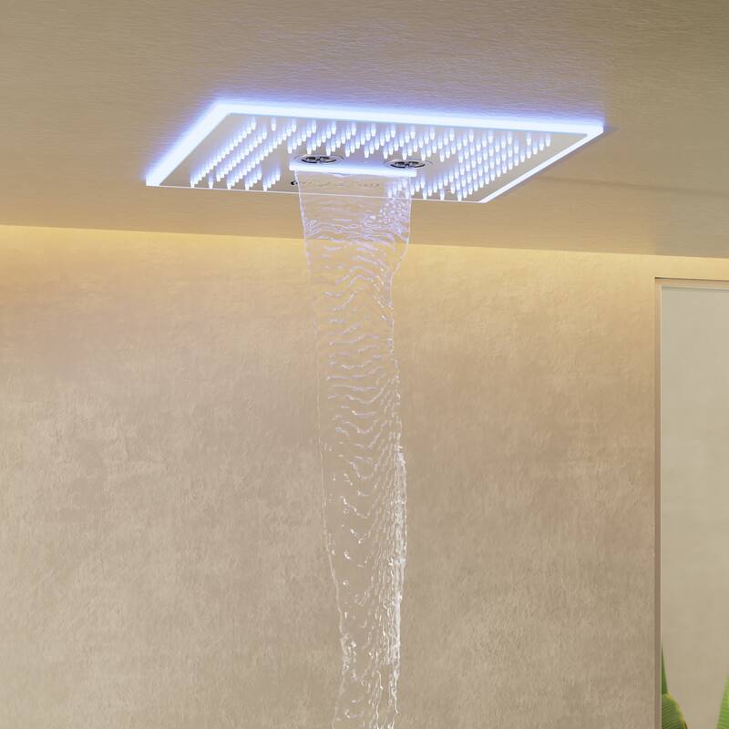 Shower Faucet System 16" Ceiling Mount Shower Head 3 Spray Modes Body Jets Handheld Spray with Slide Bar LED Music