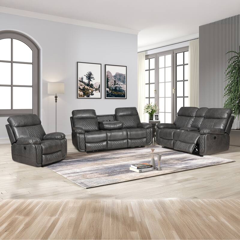 Contemporary Multi Piece Faux Leather Upholstered Living Room Sofa Set - Grey - 3 Piece