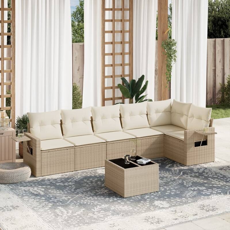 vidaXL Patio Sofa Set with Cushions Outdoor Conversation Furniture Poly Rattan - Beige With table - 24.4 x 33.5 x 27.2
