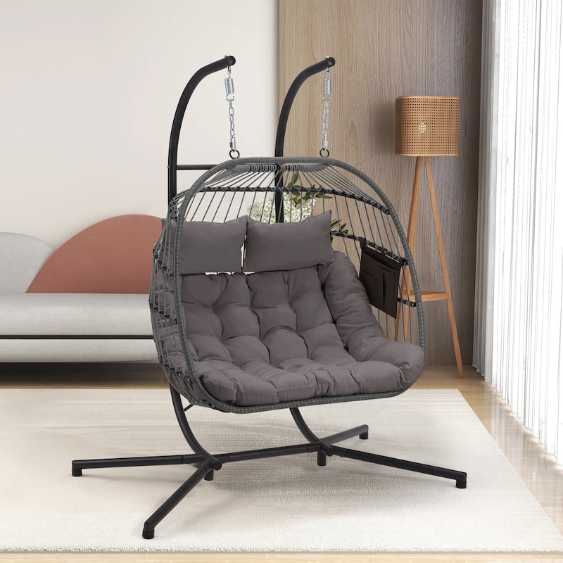 EROMMY Hanging Egg Chair with Stand, Foldable Indoor/Outdoor Swing Chair includes Cushion and Pillow, Patio Wicker Swing