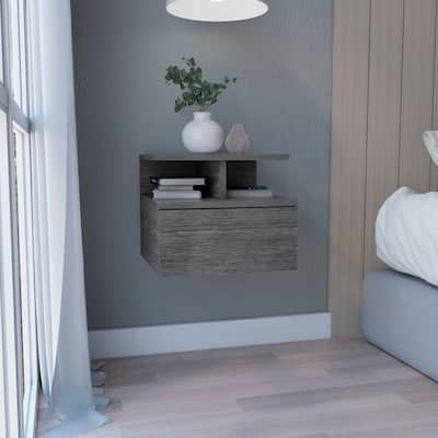 Floating Nightstand 12"H, Wall Mounted with Single Drawer and 2-Tier Shelf, Smokey Oak