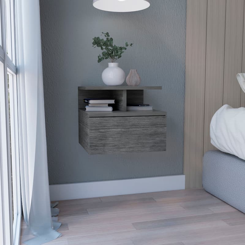 Wall-Mounted Floating Nightstand with Single Drawer and 2-Tier Shelf in Smokey Oak - Oak