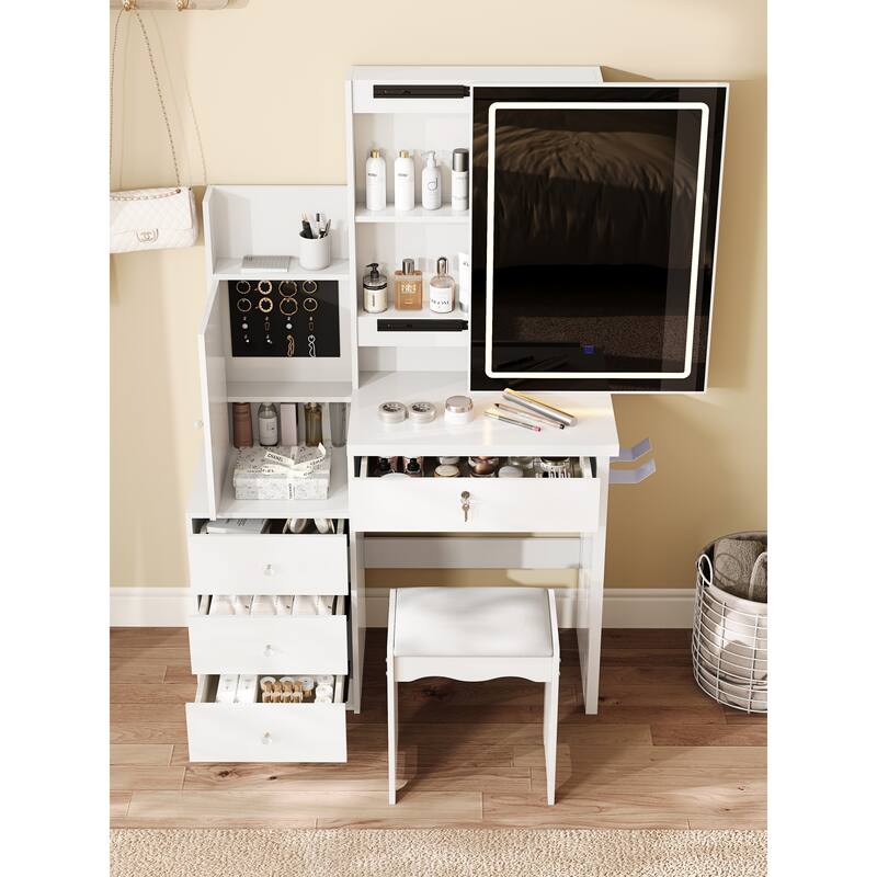 Vanity Desk Set with Sliding Lighted Mirror, Makeup Dressing Table with 4 Drawers & 9 Storage Spaces