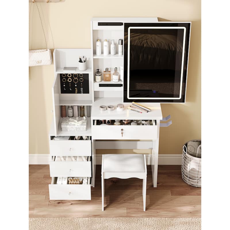 Vanity Desk Set with Sliding Lighted Mirror, Makeup Dressing Table