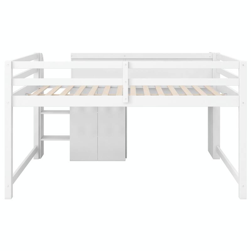 Full Size Low Loft Bed with Built-in Desk, Storage Cabinets, Open Bookcase, and Whiteboard for Graffiti