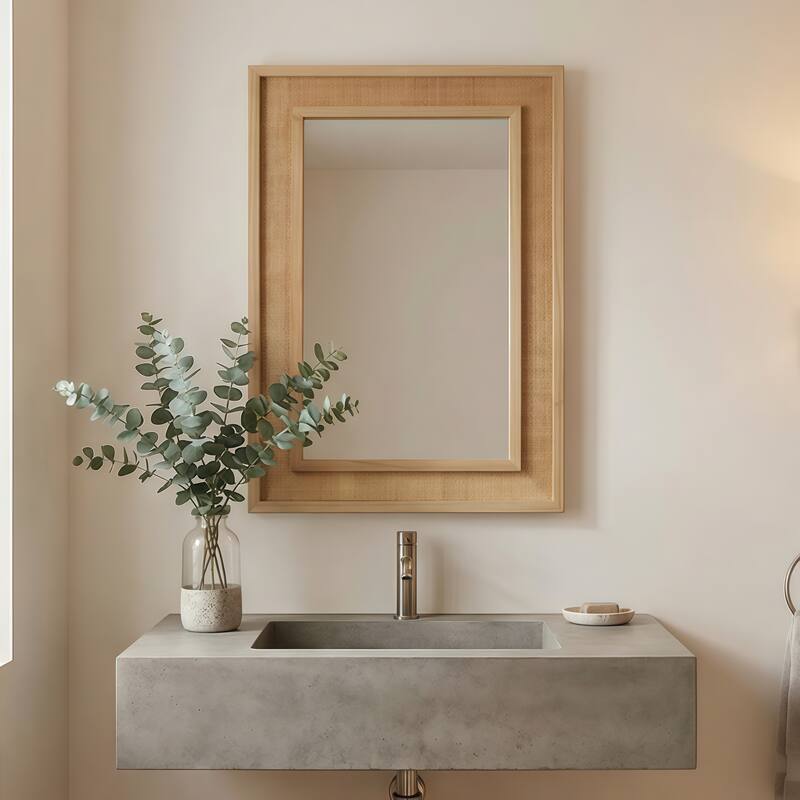 20"x30" Rattan Rectangle Solid Wood Frame Decorative Mirror,For Farmhouse,Bathroom,Home Decor,Entryway