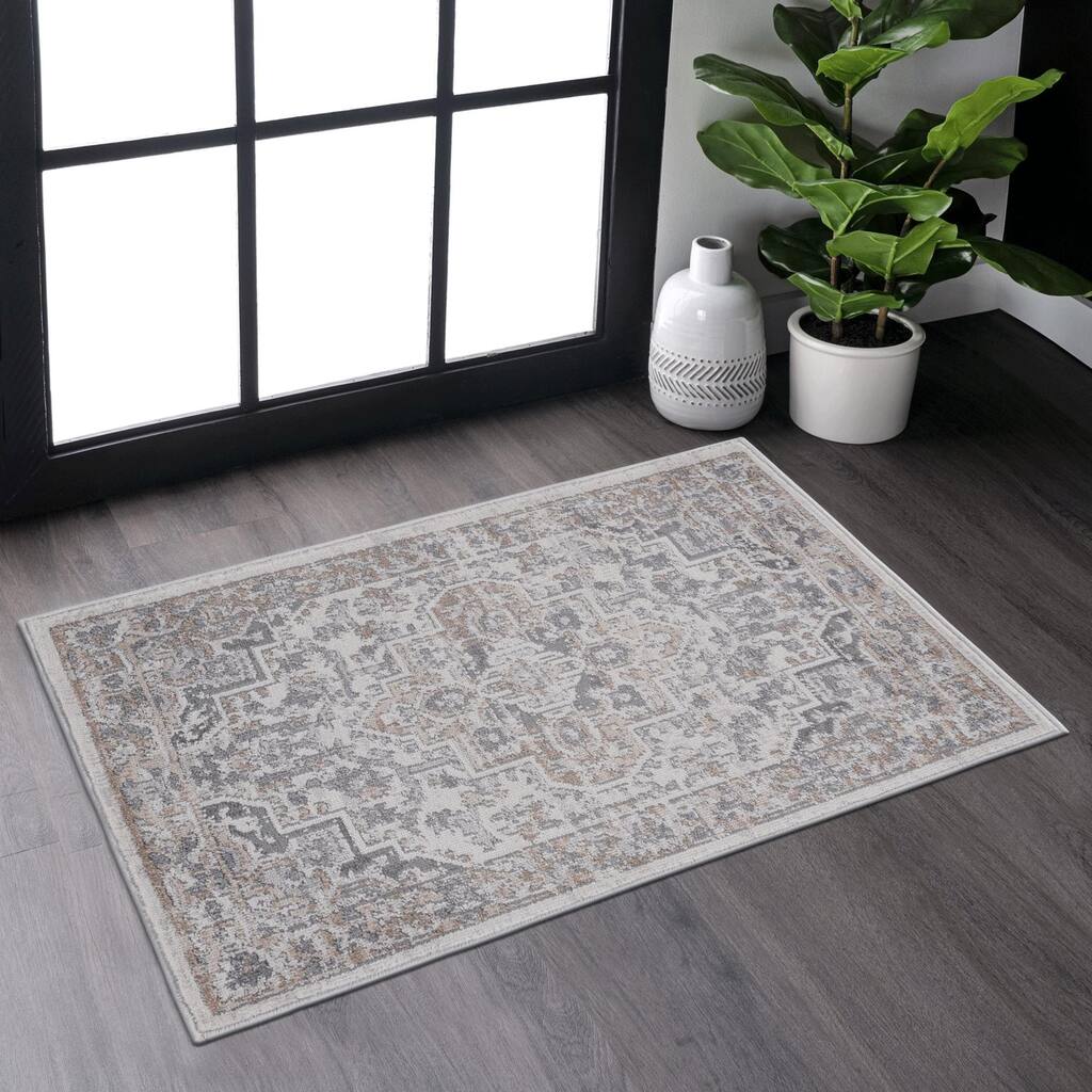 Roomfitters 2x3 Machine Washable Boho Vintage Area Rug, Non-Slip Pet Friendly Indoor Living Room Decor Carpet - Ivory