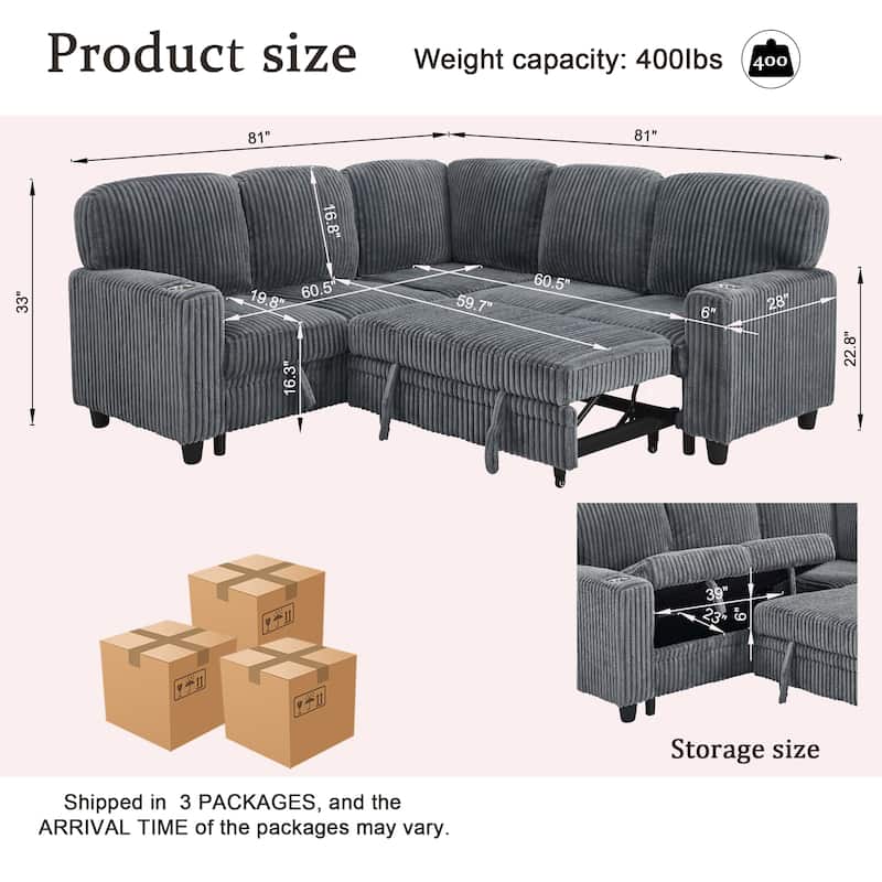 Oversized Corduroy Sectional Sleeper Sofa with Pull-Out Bed, L-Shaped 5-Seater Upholstered Couch Bed with USB Charging Ports