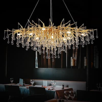 KAYLA 47" 13-Lights Gold Luxury Crystal Linear Chandelier, Modern Tree Branch Chandelier - N/A