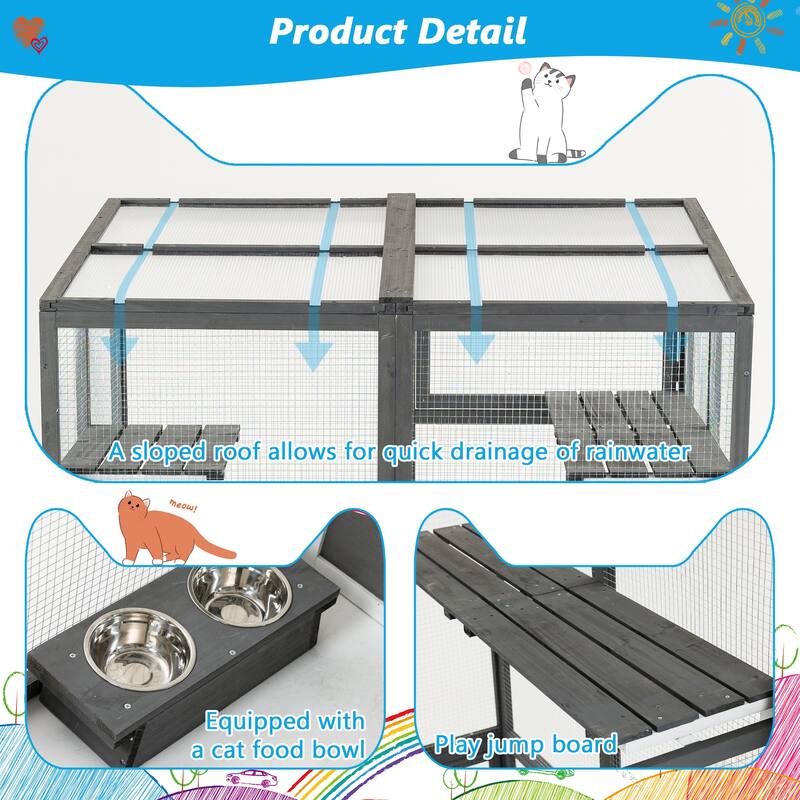 Outdoor Wooden Cat Catio - Large Walk-In Playpen with 2 Platforms & 7 Napping Houses, Grey