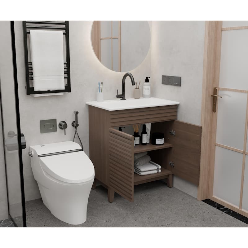 GDFStudio - Sebastian 30-Inch Modern Bathroom Vanity with Ceramic Sink and Slatted Door Storage Cabinet