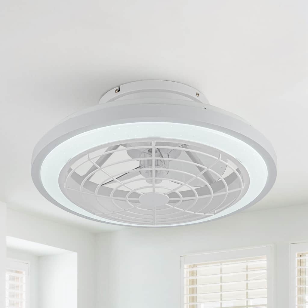 20" Modern White Dimmable Enclosed Caged Ceiling Fan with Light and Remote