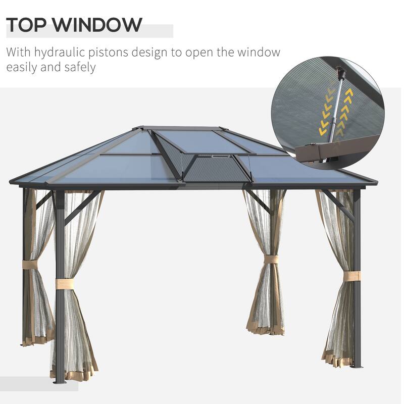 Outsunny 10x12 Hardtop Gazebo with Aluminum/Metal Frame, Polycarbonate Gazebo Canopy with Netting and Top Vent