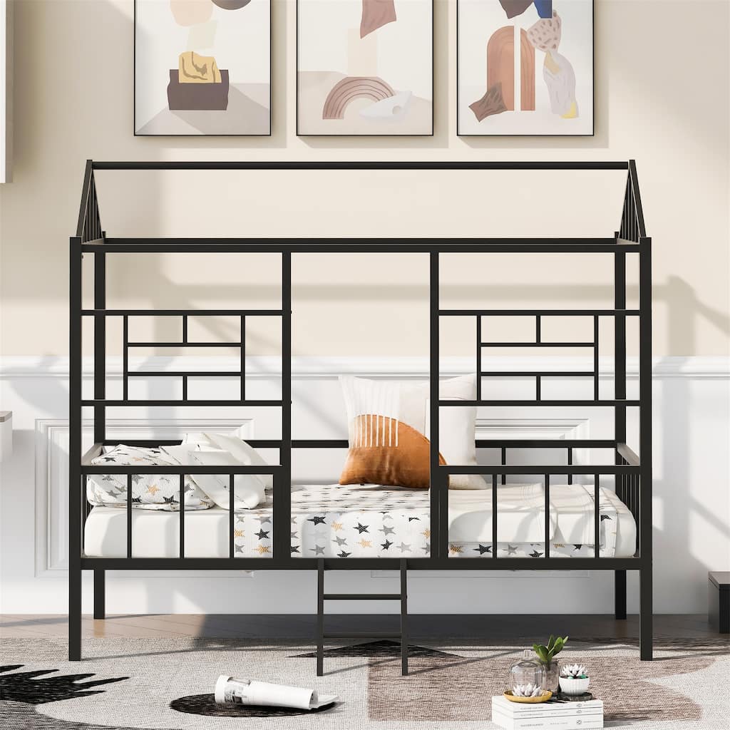 House Bed Frame Metal Twin Size Slatted Support No Box Spring Needed