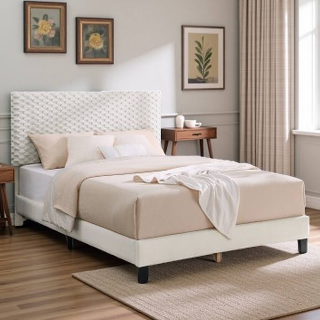 Twin Size Plush 3D Upholstered Platform Bed in White Dove with Adjustable Headboard and Sturdy Plywood Frame
