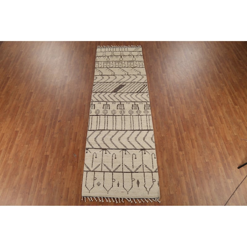Geometric Ivory Moroccan Oriental Runner Rug Hand-Knotted Wool Carpet - 3'10"x 12'7"